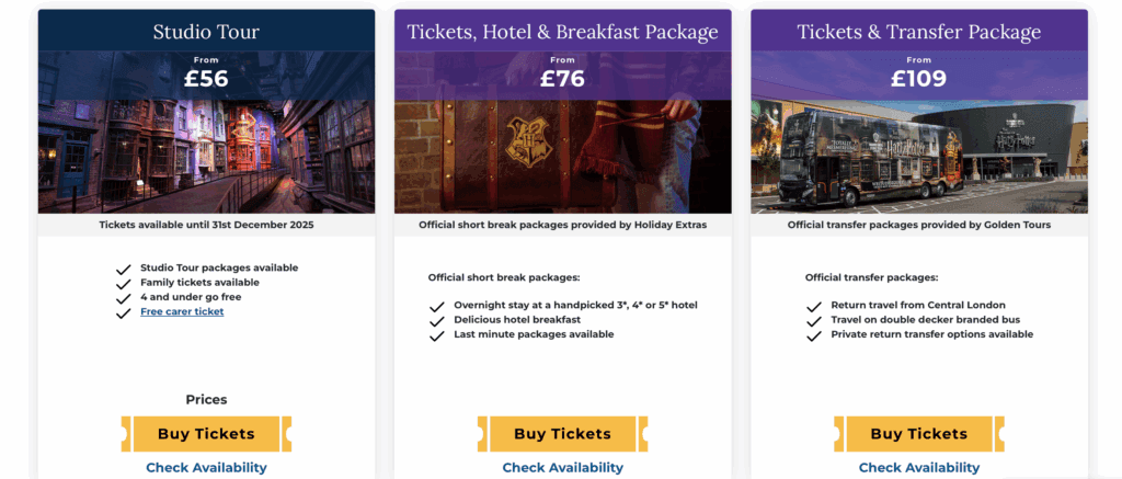 倫敦哈利波特片場交通與訂票教學｜英國必買行程攻略 （左到右：參觀門票｜門票家飯店含早餐｜門票含接駁車）