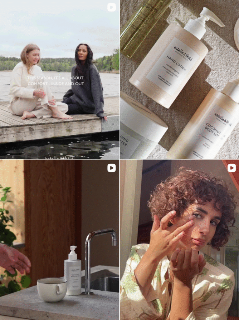 Estelle and Thild organic Swedish skincare with soft pastel bottles, representing clean vegan formulas and Scandinavian gentle beauty.