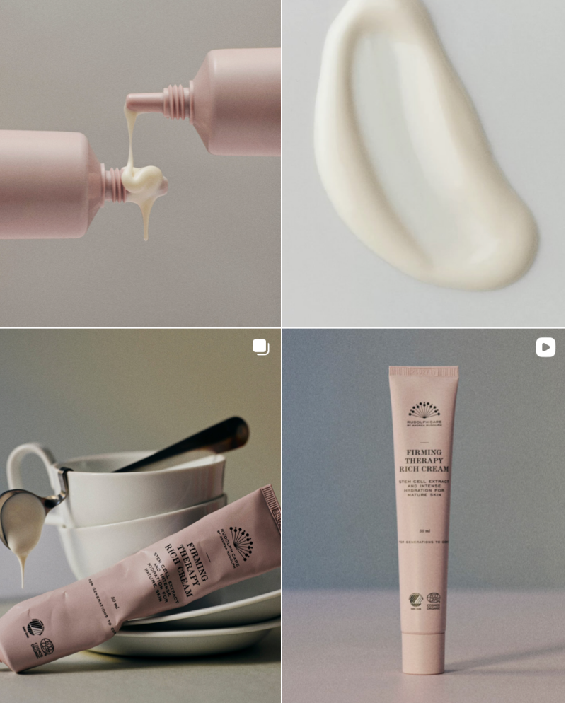 Rudolph Care Danish organic luxury skincare in soft pastel packaging, reflecting natural ingredients and Scandinavian soft aesthetics.